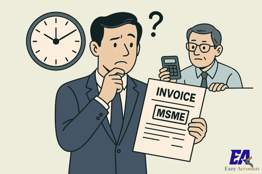 Confused Indian businessman holding MSME invoice with a ticking deadline and tax officer in background – concept of Section 43B(h) of Income Tax Act, disallowance under Income Tax.